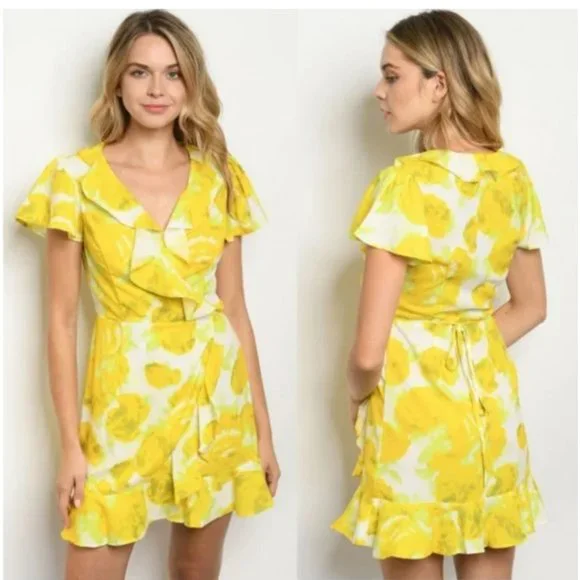Yellow Floral Mini Wrap Dres - Picture 3 of 4